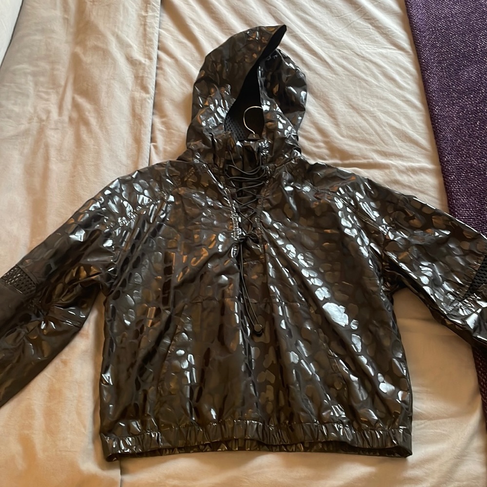 Shiny black leopard cheetah print Material Girl windbreaker with hood